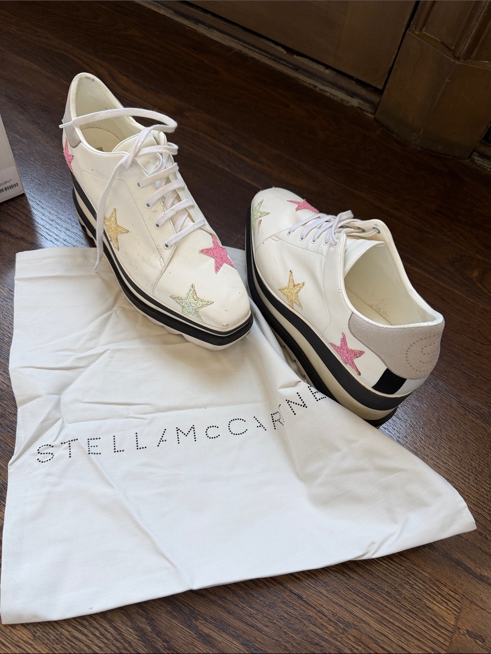 STELLA MCCARTNEY White Platform Sneakers Glitter Yellow Pink Green Stars Sz 38.5 - Picture 16 of 16